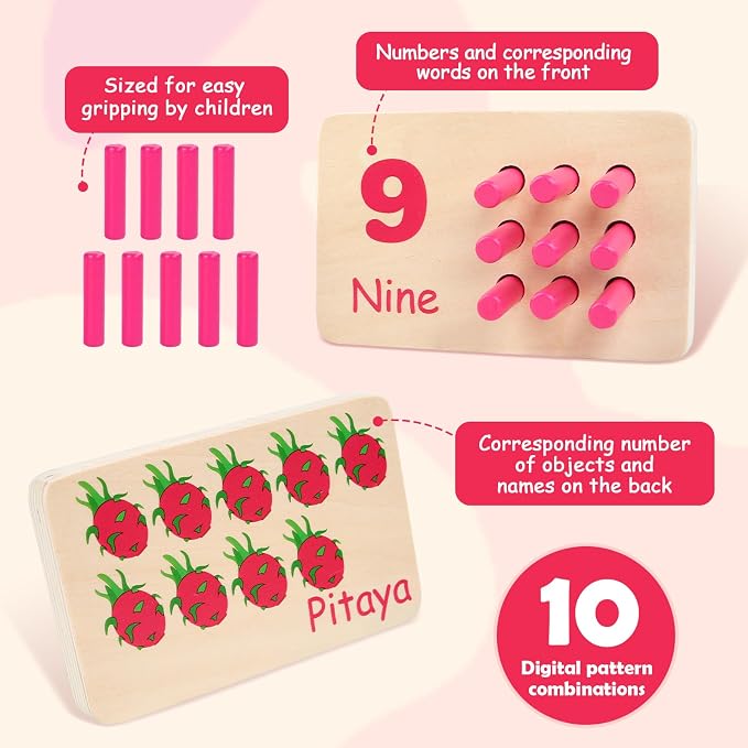 Wooden Counting Numbers Peg Board for Kids, Toddlers Montessori Math Toy 3+ | Thick 1-10 Double-sided Number Boards, 55 Colorful Counting Pegs, Preschool Educational Toy Early Math Learning Activity