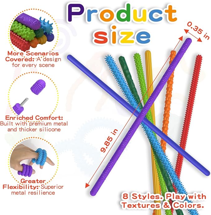 Tactile Sensory Toys Autism, 8PCS Stress Fidget Toys for Anxiety Relief | 8 Colors and 8 Textures, Stretchy Noodles for Classroom Travel