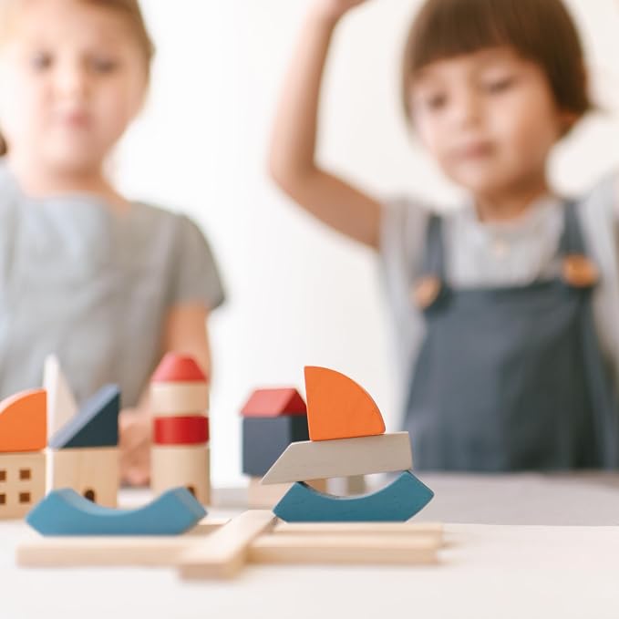 PlanToys® Marina Blocks Wooden Montessori Building & Creative Kids Play Set | shapes, boats, construction toys, sorting & stacking toys, girls, boys, spatial STEM fine motor imaginative gift preschool
