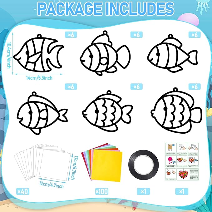 Qyeahkj 36 Set Under The Sea Fish Suncatcher Crafts for DIY Tropical Fish Window Tissue Paper Crafts Kit Summer Suncatcher Hanging Decor for Summer Home Activity Art Project Birthday Party Favor Gift