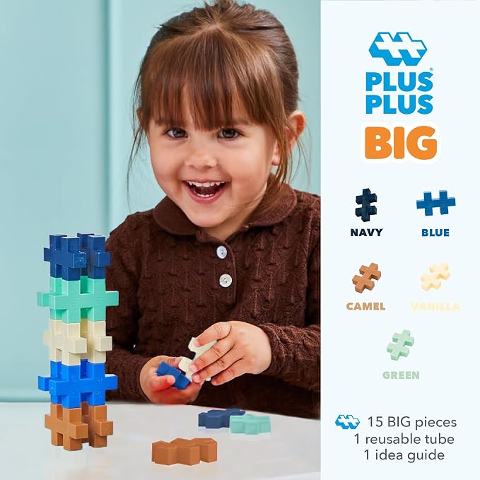 PLUS PLUS Big 15 Piece Breeze Mix - Large Building Blocks for Toddlers | Quiet Stem Toys for Toddlers, Prek Classroom Essentials, Waffle Blocks Jumbo, Stem Bins for Classroom, Sensory Bins