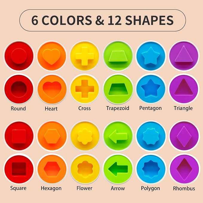 MOONTOY Matching Eggs for Toddlers 2-4, 12PCS Preschool Educational Learning Color & Shape Sorter Sensory Montessori Toy Toddler Easter Eggs Basket Stuffers Gift for 18M+ Year Old Kid Baby Boy Girl