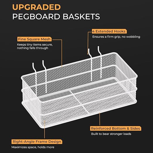 INCLY 4 Pack Upgrade Pegboard Baskets, 4 Sizes Square Metal Mesh Basket | Peg Board Organizer Accessories, For Garage Craft Room Office Kitchen, Pegboard Baskets and Bins