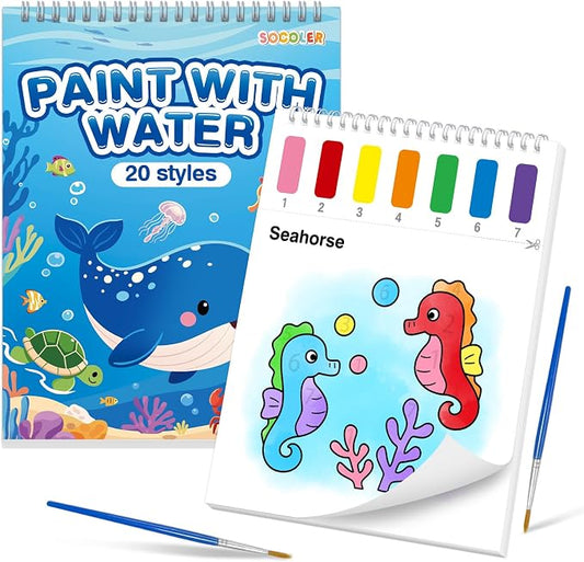 SOCOLER Paint with Water Coloring Books for Toddlers,Sea World Theme Mess Free Watercolor Painting Papers for Kids Water Color Paint Kit Art Craft Gift for Ages 1-3,4-8