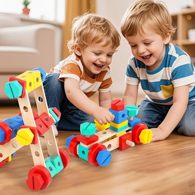 LOVELAND Wooden Take-Apart STEM Toy, 43-Piece Nut & Bolt Construction Set with Wooden Screwdriver & Wrench, Build Airplanes Helicopters Race Cars, Montessori Engineering Gift Ages 3-5