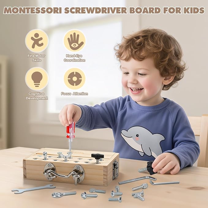 Vanplay Montessori Busy Board Toys for 3 4 5 Year Olds Boy Birthday Gifts | Screwdriver Board Set with Lock and Key, Wooden Kid Tool Set, Educational Learning Toys for Kids 3-6, Focus & Coordination