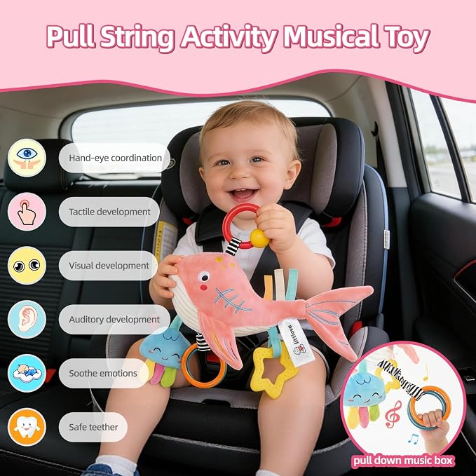 Pull Musical Toys for Car Seat 6-12 Months, Travel Sensory Toy 3-6 Months, Montessori Plush Toys for Roadtrip with Teether Crinkle Textures Clackers Squeaky Pulling Cords Newborn Infant Valentine Gift