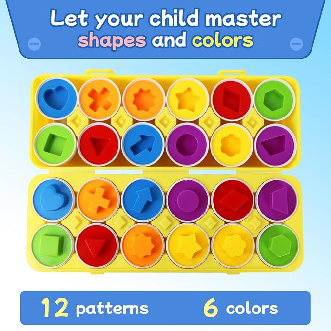 Tinabless Matching Eggs Toys 12 pcs Set Color & Shape Recognition Sorter Puzzle for Toddlers, Christmas Easter Travel Game Early Learning Educational Gift for Year Old Kids