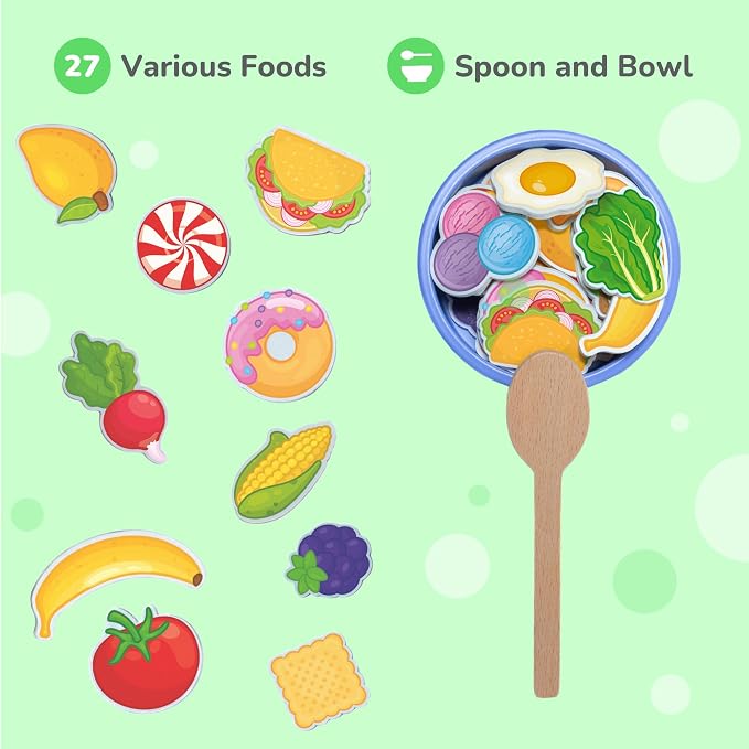 Wooden Feeding Toy - Montessori Scooping & Fine Motor Toy for Toddlers 1-4 | Speech Therapy & Occupational Therapy Pretend Play Food Set | 27 Foods, Spoon & Bowl