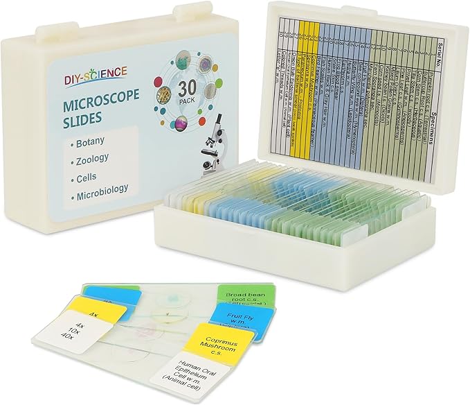 Microscope Slides with Specimens for Kids, 30 Lab-Grade Prepared Microscope Slides, Animal Plant Microbe Cells, STEM Biology Kit for Kids Ages 6-8 Homeschool, Classroom Labs & Science Education