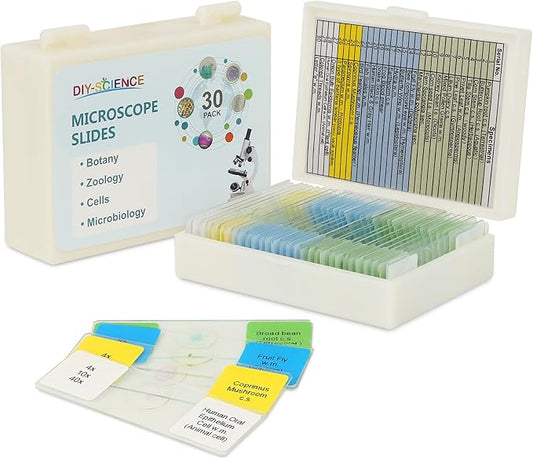 Microscope Slides with Specimens for Kids, 30 Lab-Grade Prepared Microscope Slides, Animal Plant Microbe Cells, STEM Biology Kit for Kids Ages 6-8 Homeschool, Classroom Labs & Science Education