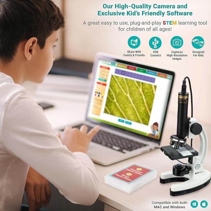 AmScope M40-4P12X1 Premium 85+ Piece Microscope, Color Camera | USB 2.0 Connectivity Professionally Stained & Labeled Cedar Wood Oil Preserved