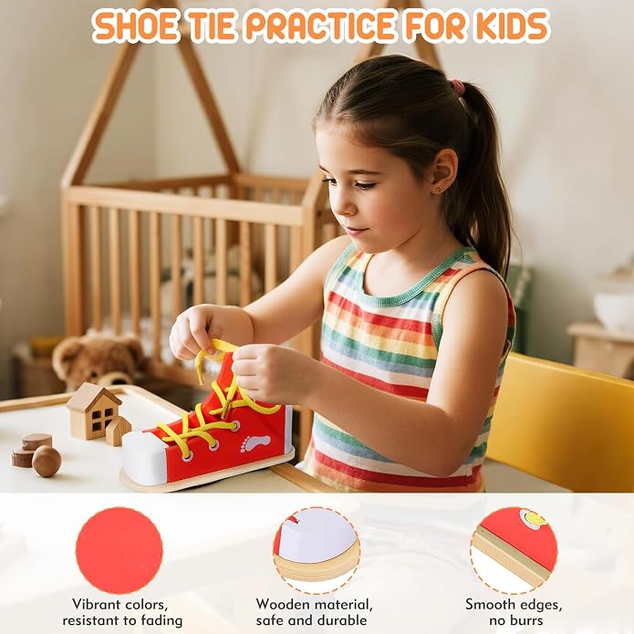 Shoe Tying Practice for Kids | Red Shoe Tie Practice for Kids Threading Lacing Shoes Training, Wooden Learn to Tie Shoes Basic-Life-Skills