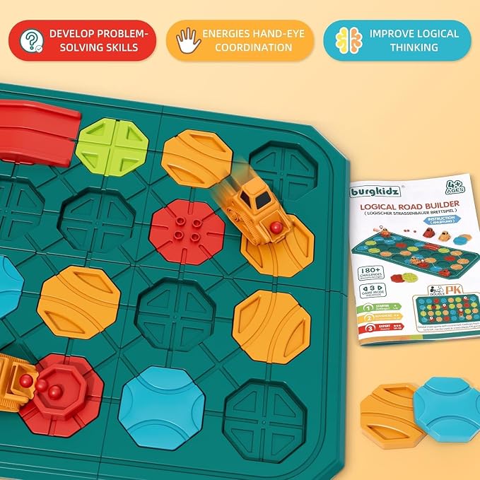 burgkidz Montessori STEM Toys for Kids: Logical Road Builder Board Game | 180+ Brain Teaser Puzzles on 8 Mega Boards - Develops Logic Skills for Preschoolers - Montessori Gifts for Boys Ages 3-8