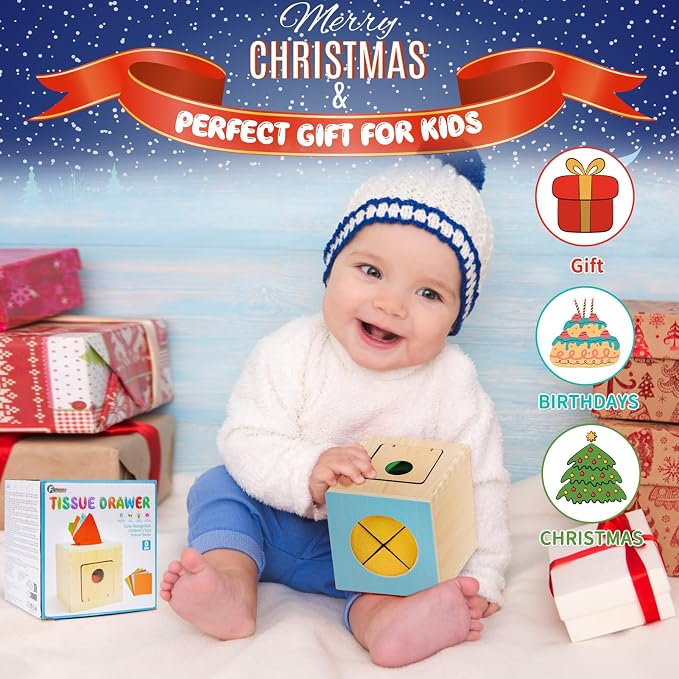 FCSONU Wooden Baby Tissue Box Toy, Sensory Montessori Baby Toy 0-6-12 Month | Toddler Wooden Baby Sensory Toys for Educational Learning with Cloth Tissues, Boys Girls Birthday Gifts Christmas 9-18 Months