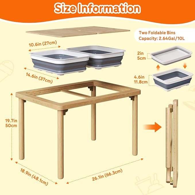 FUNLIO Foldable Wooden Sensory Table with 2 Bins for Toddlers, Kids Sensory Table with Anti-Warping Plywood Lid, Indoor/Outdoor Play Sand and Water Set, CPC Certified