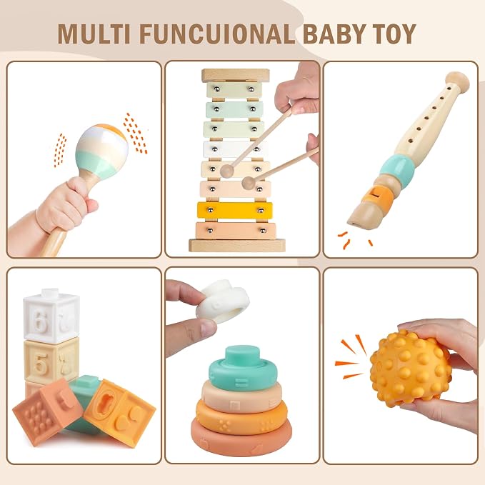 Meytccve Montessori Baby Toys 6 in 1, Wooden Musical Instruments Xylophone | Stacking Building Blocks, Sensory Balls, Infant Teething Toy, Birthday Gift for Toddlers Boys Girls