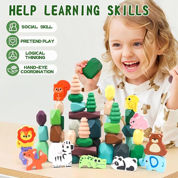 HAPGFS 51 PCS Wooden Stacking Rocks Toys Set for Kids Educational Stacking Blocks Building Blocks for Toddlers 1-3 Forest Theme Montessori Toys Creative Stacking Game for Children