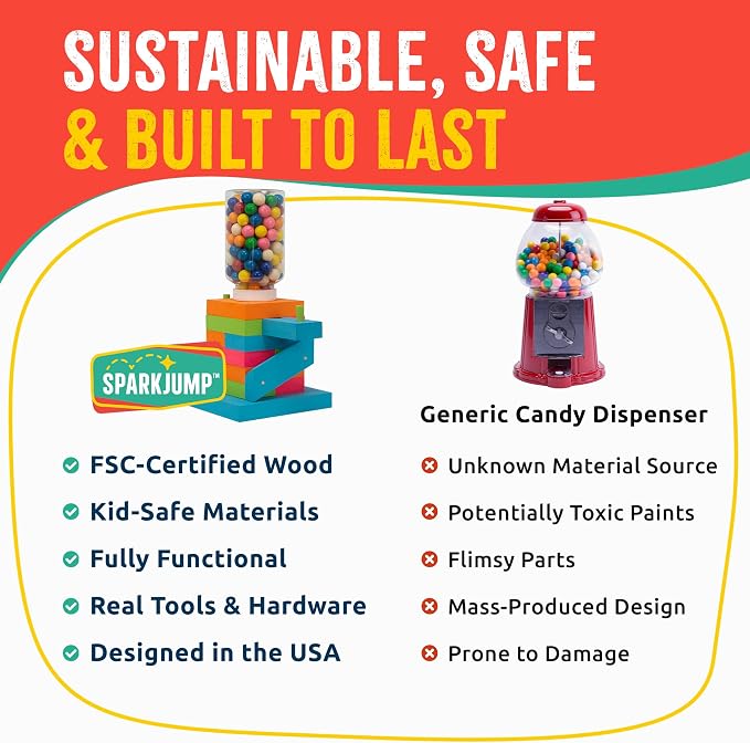 SparkJump Candy Dispenser Woodworking Kit – Complete STEM Building Kit for Kids with FSC-Certified Wood, Paints & Tools, DIY Gumball Machine Craft for Boys & Girls, Ages 6+ | FSC-Certified Wood, Paints & Tools, DIY Gumball Machine Craft for Boys & Girl...