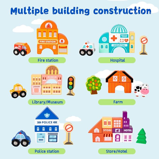 Adena Montessori Wooden Tabletop Train Set, Small, 3+ | Safe wood, 75 blocks + train. Build tracks & city. Boosts motor, logic & creativity. Take-along tabletop. Gift 3+.