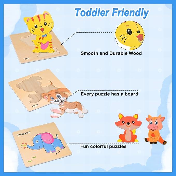 8pcs Wooden Puzzles for Toddlers 2 3 4, Toddler Puzzles Ages 1 2 3 4 | Montessori Educational Jigsaw Toys Puzzles Christmas Birthday Gift for Kids Girl Boy 1-4 Year Old (Zoo Animals)