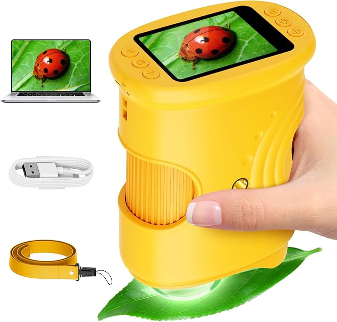 Alotwan Microscope for Kids 1000X Digital, Handheld Kids Microscope | HD Screen, Camera & Video, Portable Miniscope, Magnifying Glass for Kids, STEM Toys, Birthday Gifts for Boys & Girls 3-12