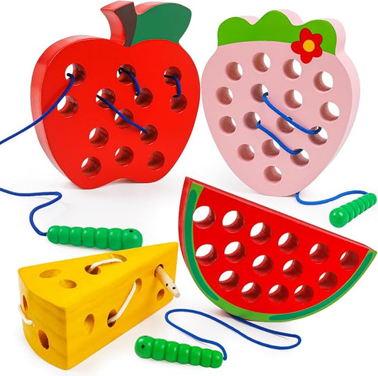 Wooden Toys Lacing Toys for Kids 3-5,Plane Activities Car Travel Toy Montessori Educational Learning Threading Toys for Fine Motor Easter Basket Stuffers Gift for Boys Girls(4 pcs)