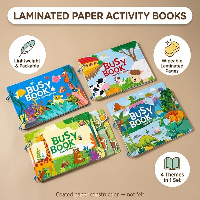 Montessori Busy Book for Toddlers 3+ – 4 Laminated Preschool Activity Books with Velcro Pieces, Dinosaur Farm Ocean Animal Themes, Screen-Free Travel Quiet Book Set