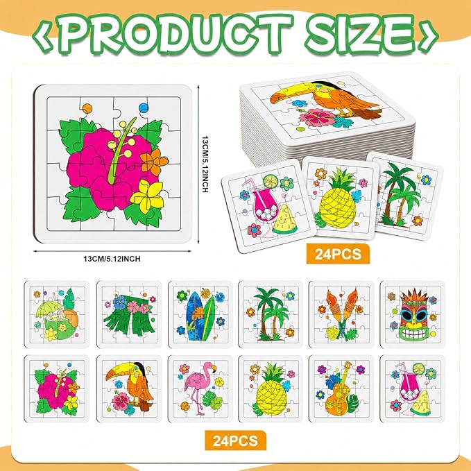 Cinrobiye 24 Pcs Hawaiian Luau Coloring Puzzle Craft Kit for Kids, DIY Aloha Tropical Jigsaw Puzzles Bulk with 12 Designs, Summer Beach Party Favors, Classroom Crafts, Birthday Rewards