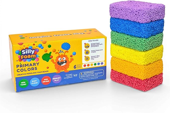 Silly Foam, Creative Modeling Foam Beads, 1-Pack of 6 Primary Colors, Easy Clean Up, Perfect for Preschool and Kids, Arts & Crafts, Sensory Play, STEM, Travel Toy, Holiday Gifts, Non-Toxic (Age 3+)