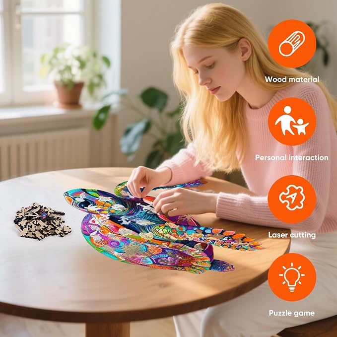 Mys Aurora Colorful Turtle Puzzles for Adults 500 Pieces Ocean Wood Puzzles | 5MM Thick Wooden Jigsaw Puzzles, Unique Shape Puzzle for Adults and Kids Birthday Gifts Family Game 17.3 * 17.3 inches