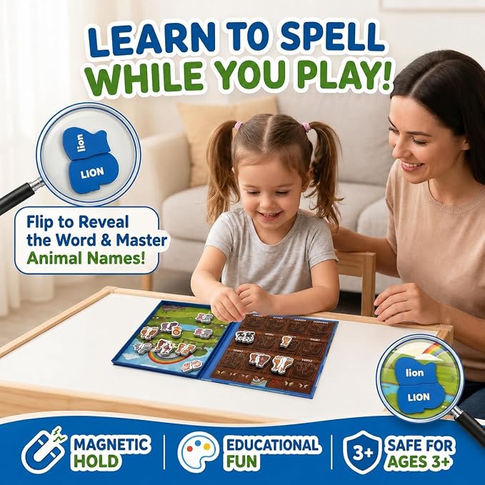 Travofun Magnetic 4-in-1 Animal Game | Travel Toys for Toddlers Ages 3-5 | 4-in-1 travel toy with magnetic fishing, animal matching, spelling, and story play in a colorful Noah's Ark picture scene.