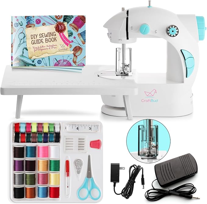 CraftBud Mini Sewing Machine for Beginners, Adults and Kids Sewing Machine | 48-Piece Sewing Kit Accessories, Portable, Dual Speed, Extension Table, Foot Pedal, Built-in Light, Guide Book & More, White