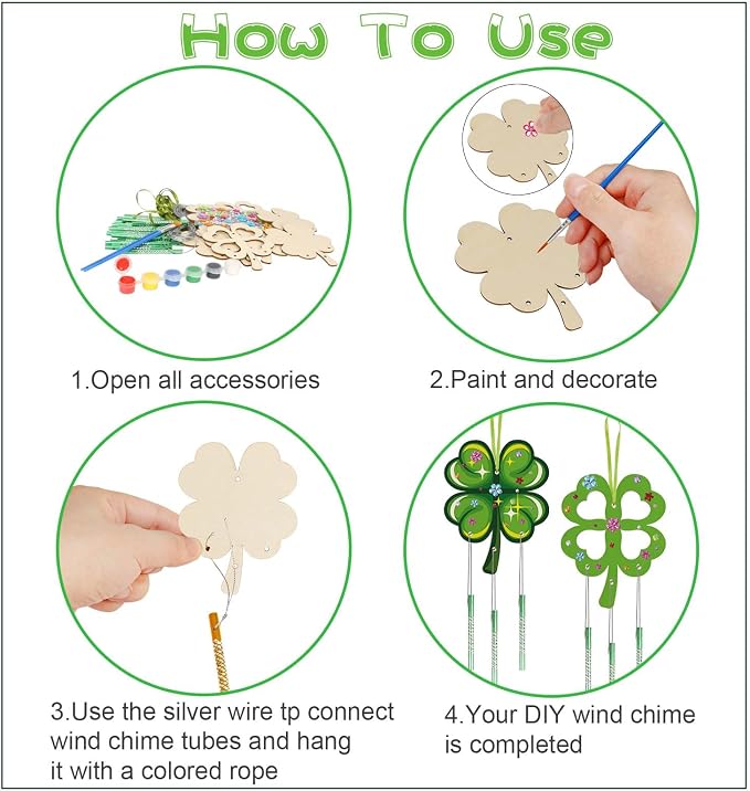 Fennoral 10 Pack St. Patricks Day Shamrock Wind Chime Kit for Kids Make You Own Four Leaf Clover Wind Chimes St Patricks Day Wooden Ornaments for Kids Art and Craft St.Patrick's Day Party Decoration