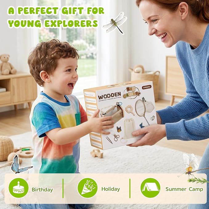 GAGAKU Wooden Bug Catcher Kit for Kids 4-8, 9PCS Outdoor Nature Exploration Set with Expandable Butterfly Net, Magnifying Glass, STEM Learning Game Cards, Educational Catching Toy for Backyard Camping