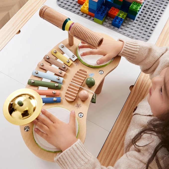 Asweets 7 in 1 Kids Drum Set for Toddlers | Wooden Xylophone Musical Instruments Kit for Toddler, Baby Drum Set Montessori Toys Sensory Toys Birthday Gifts (Moon)