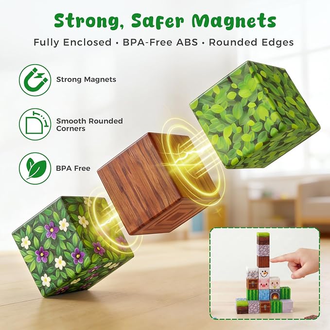 3 otters 150PCS Magnetic Blocks, with a Storage Bag, Forest Explorer | Sensory Stacking Toy for Kids, Stem Learning, Preschool, Classroom, Screenless Activities, and Birthday Gifts