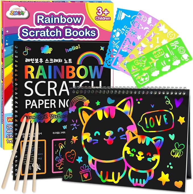 ZMLM Scratch Paper Art-Crafts Gift: 2 Pack Rainbow Notebooks Supplies Toys | Art Crafts for 3 4 5 6 7 8 9 10 11 12 Years Old Girls and Boys Kids Birthday Christmas Party Travel Games Activities