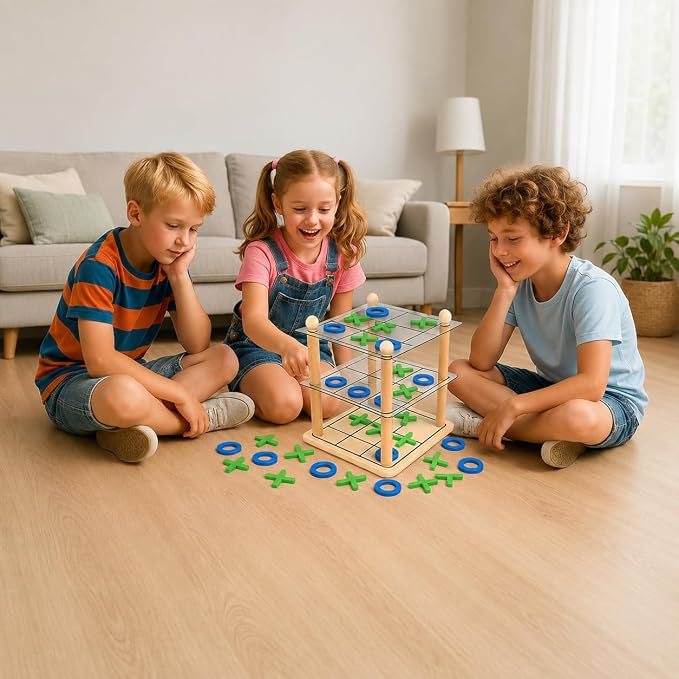 3D Wooden Tic Tac Toe Board Game, Classic XO Strategy Game | Durable Tabletop Game for Kids and Adults, Fun Family Activity for Parties, Travel, Gatherings and Game Night
