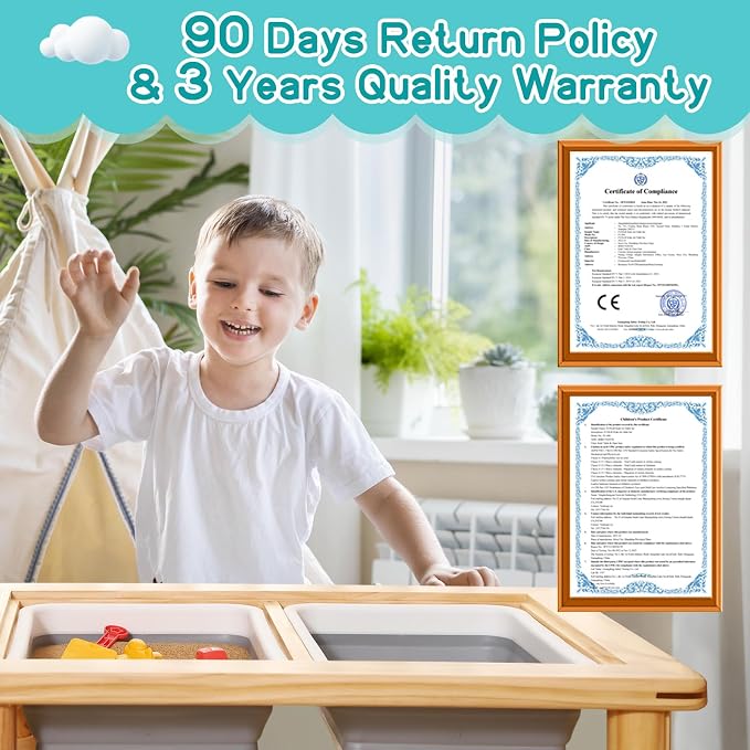 FUNLIO Wooden Sensory Table for Toddlers 1-5, 4-Level Height Adjustable Kids Activity Table with Anti-Warping Plywood Lid, Indoor/Outdoor Play Sand and Water Table, CPC Certified