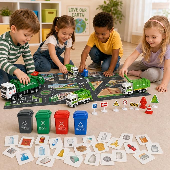 Cinrobiye Garbage Truck Recycling Activity Set with Trash Bins, Sorting Cards, City Map, Road Signs & Vehicles, Earth Day Supplies for Classroom Projects, Environmental Awareness Activities