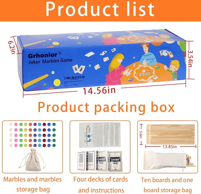 Jokers and Marbles Board Game Wooden Pegs and Jokers 2-10 Players | 10 Wood Game Boards 10 Colors 50 Marbles 4 Decks of Cards Instructions Family Tabletop Game Gift for Adults and Families