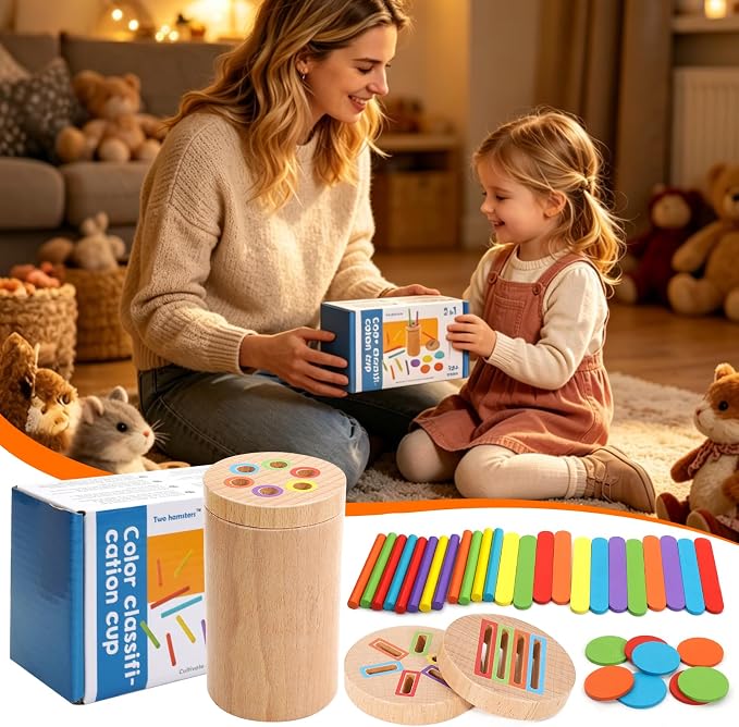 Montessori Toys for 1-3 Year Old, 3 in 1 Wooden Color Sorting Stacking Travel Toy for Toddlers 18+ Months with Magnetic Lid, Birthday Christmas Learning Gift for 2-4 Year Olds Boys Girls