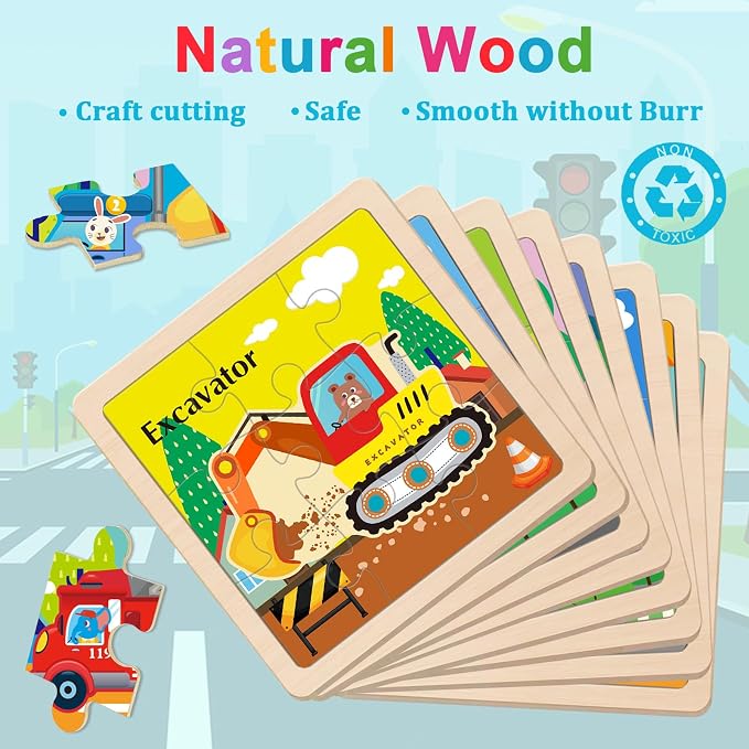 Wooden Puzzles for Toddlers 3+, 9 Pieces Vehicle Jigsaw Puzzles for Kids Ages 3-5, Toddler Toys for Preschool Learning Activities, Learning & Educational Toys, Gifts for Boys, Girls