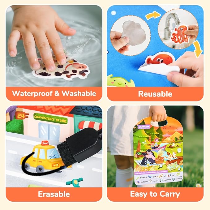 JoyCat Reusable Sticker Book Set, 4-Pack, 120+ Stickers, Kids Travel Toys | Sticker activity books for toddlers offer car, airplane and road trip fun; preschool educational gifts for boys and girls.