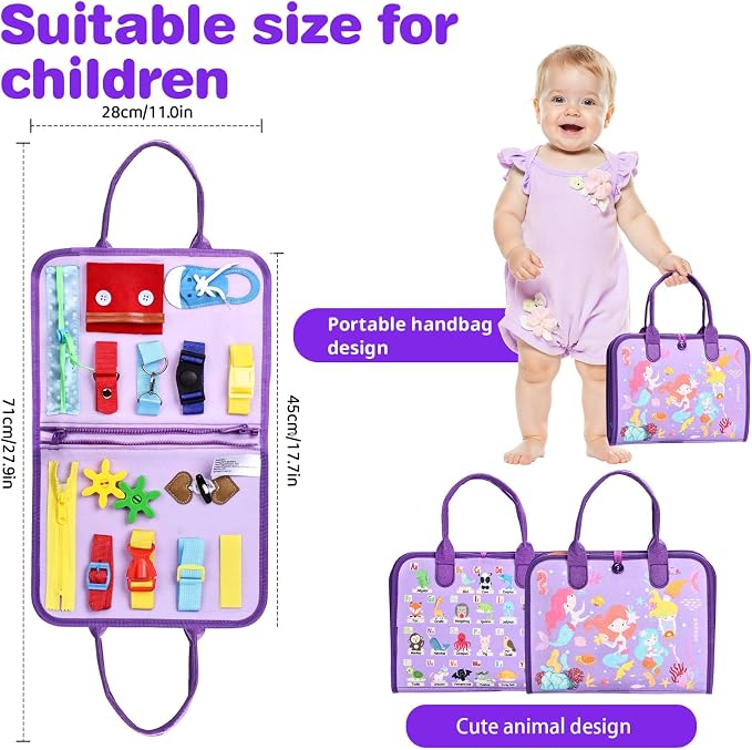 Busy Board Montessori Toys, Birthday Gifts for Girls, Autism Sensory Travel Toy, Educational Activity Busy Book, Preschool Learning Fine Motor Skills Toys,Purple
