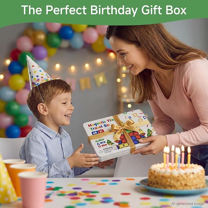 Mini Magnetic Tiles for Kids Travel 60 Mins Quiet Play 30s Cleanup | 40 PCS Cartoon Tin Box Magnet Building Blocks to Stop Crying - Birthday Gift Boys Girls Age 3-8