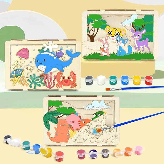 Vileafy Animals Painting Crafts for Kids Ages 3-5, 3 Arts and Crafts Kit | 3 Pack Kids Craft Supplies Include Ocean Animals, Jungle Animals, Dinosaurs with Brushes & Paints for Summer Activity & Party