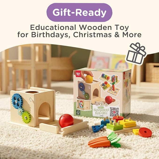 Nene Toys 7-in-1 Montessori Toy for 1 Year Old Baby – Wooden Activity Cube with Carrot Harvest, Shape Sorter & Stacking, Coin Box, Ball Drop, Gears & Clock – Gift for Toddler Boys & Girls 1 2 3 Years