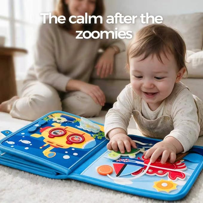 Ocean Busy Book, Quiet Travel Toy for Airplane, Felt Board for Toddler | This screen-free sensory play kit includes dry-erase markers, a buckle closure & interactive pages for preschool kids